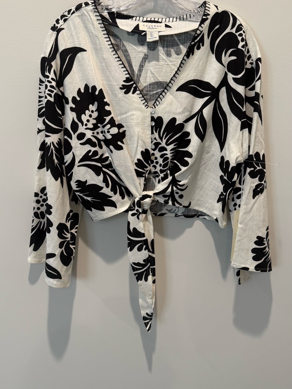 Calypso St. Barth Black & White Floral Tie-Front Top